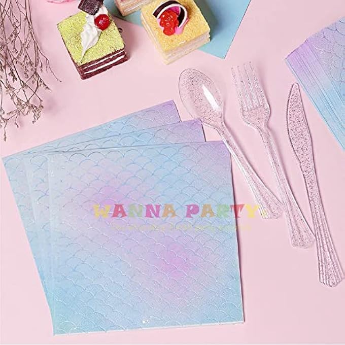 MERMAID THEME PAPER NAPKINS  UNDERWATER THEME BIRTHDAY DECORATIONS FOR GIRLS, MERMAID SUPPLIES FOR KIDS, DISPOSABLE TABLEWARE  16 PCS - Image 5